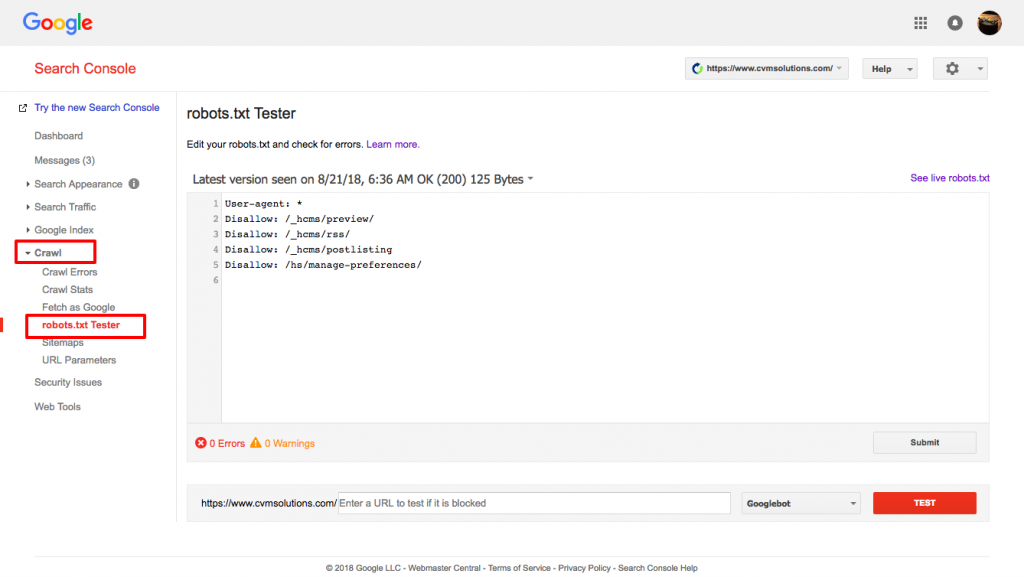 Testador de robots.txt do Google